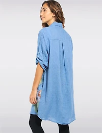 Tunique Chemise Lin Fleurie Boutonnée Manches Ajustables avec Poches Froccella