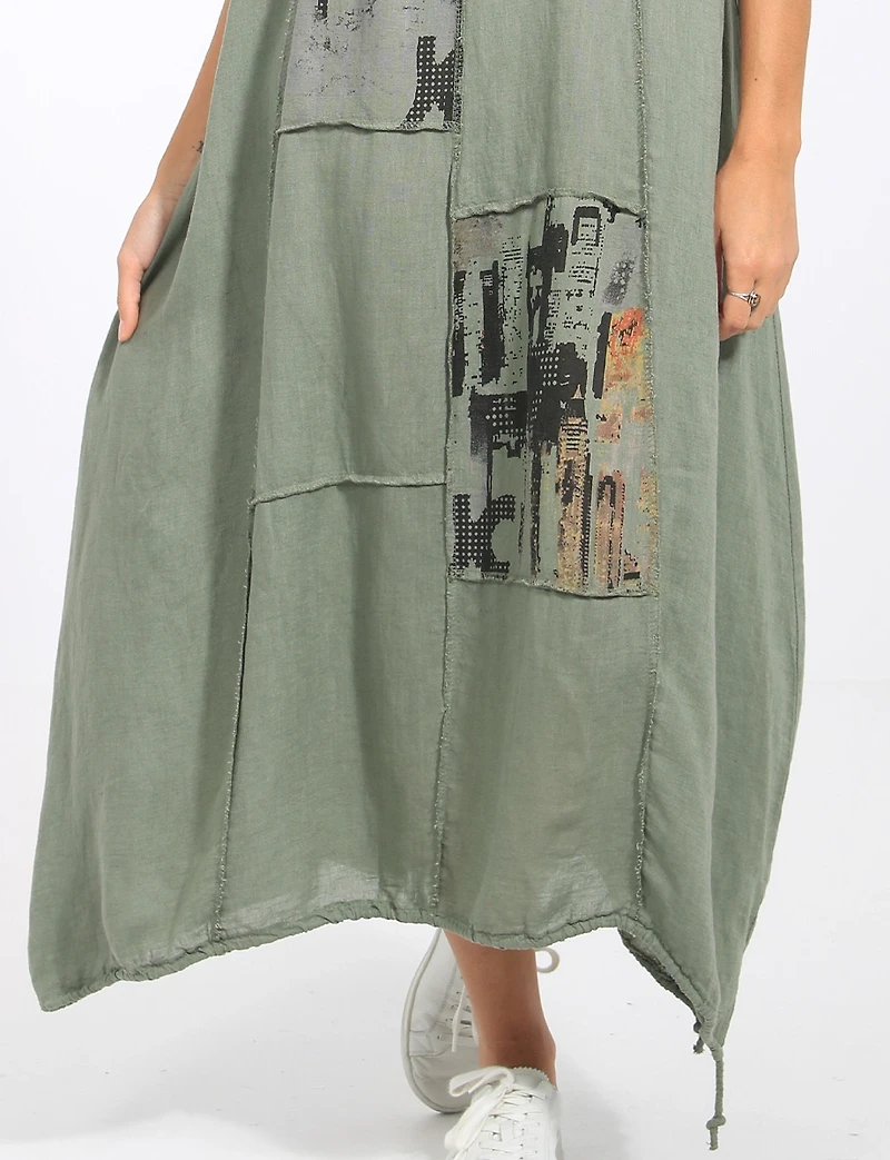 Robe Maxi Lin Coupe Ample Patchwork Abstrait Manches Courtes par Froccella