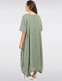 Robe Maxi Lin Coupe Ample Patchwork Abstrait Manches Courtes par Froccella