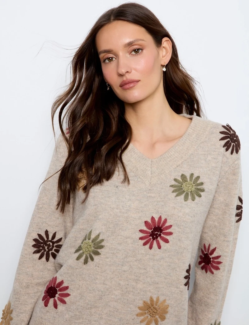 Chandail Tricoté À Col V Détails Côtelés & Broderies De Marguerites – Charlie B