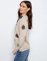 Chandail Tricoté À Col V Détails Côtelés & Broderies De Marguerites – Charlie B