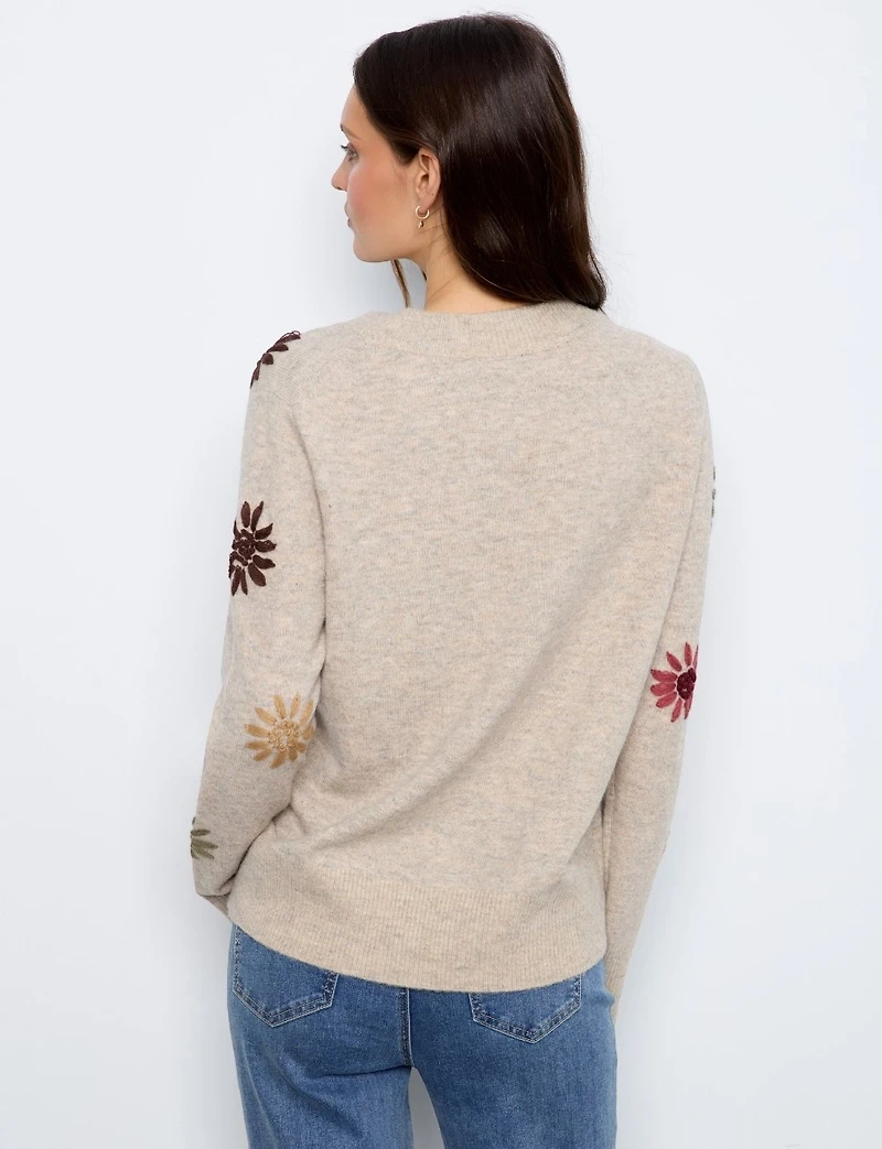 Chandail Tricoté À Col V Détails Côtelés & Broderies De Marguerites – Charlie B