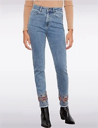 Jean Extensible Ajustée Avec Broderie Florale & Ourlet Effiloché Par Charlie B