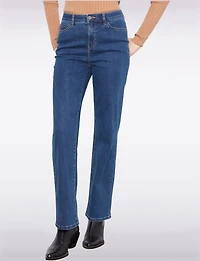 Pantalon Élégant Droit En Denim Extensible Foncé Avec Poches Par Charlie B