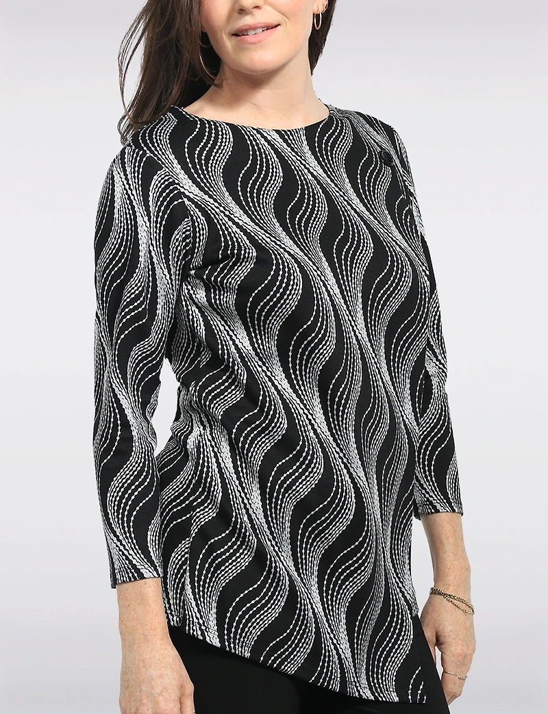 Haut En Tricot Asymétrique À Motif Abstrait Ondulé t Bouton Décoratif par Perle