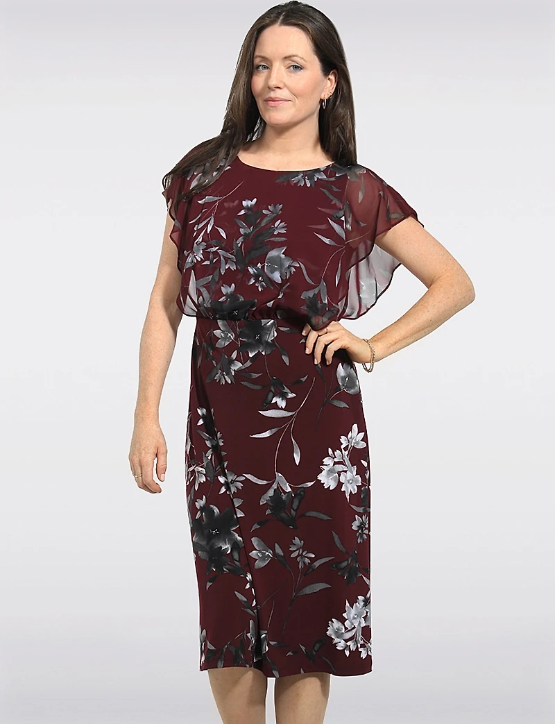 Robe Imprimée Extensible À Manches Papillon & Taille Définie – Connected Apparel