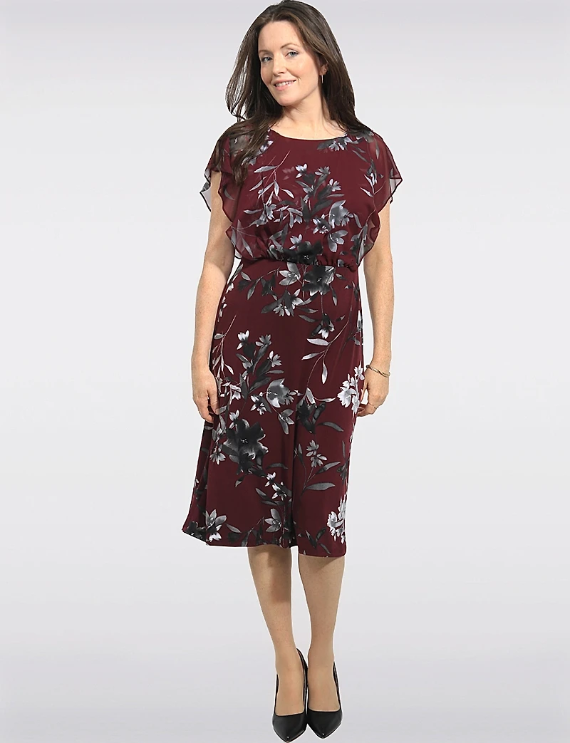Robe Imprimée Extensible À Manches Papillon & Taille Définie – Connected Apparel