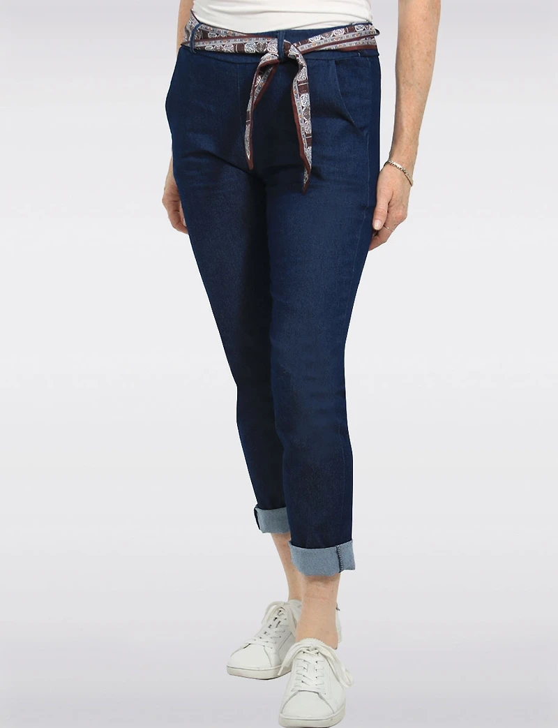Jean Ajusté Extensible Délavé Foncé à Enfiler avec Ceinture-Foulard Froccella