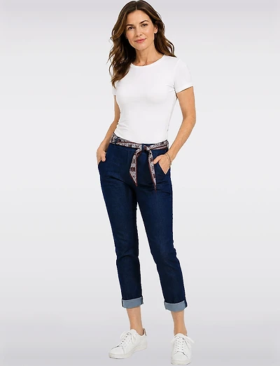 Jean Ajusté Extensible Délavé Foncé à Enfiler avec Ceinture-Foulard Froccella