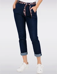 Jean Ajusté Extensible Délavé Foncé à Enfiler avec Ceinture-Foulard Froccella