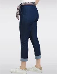Jean Ajusté Extensible Délavé Foncé à Enfiler avec Ceinture-Foulard Froccella