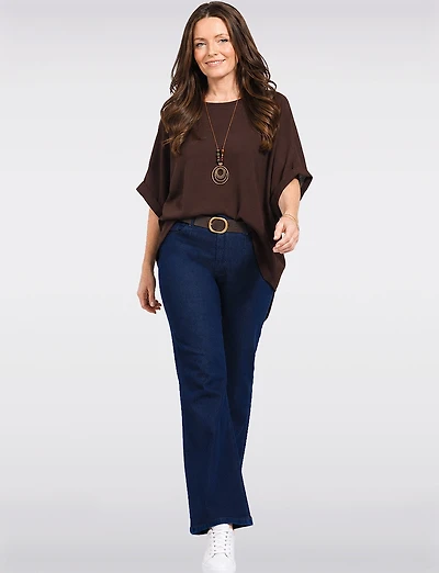 Pantalon Denim Extensible Foncé Coupe Droite Ceinture Faux Cuir par Froccella