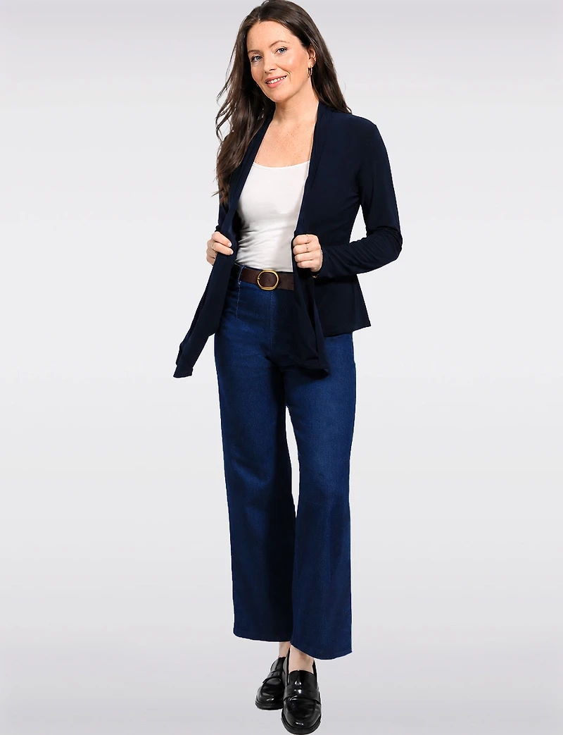Pantalon Denim Extensible Foncé Coupe Droite Ceinture Faux Cuir par Froccella