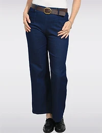 Pantalon Denim Extensible Foncé Coupe Droite Ceinture Faux Cuir par Froccella