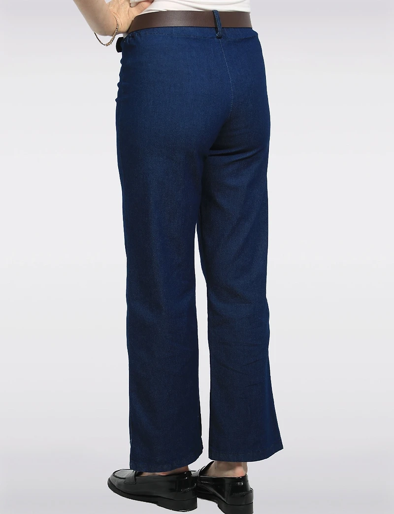 Pantalon Denim Extensible Foncé Coupe Droite Ceinture Faux Cuir par Froccella