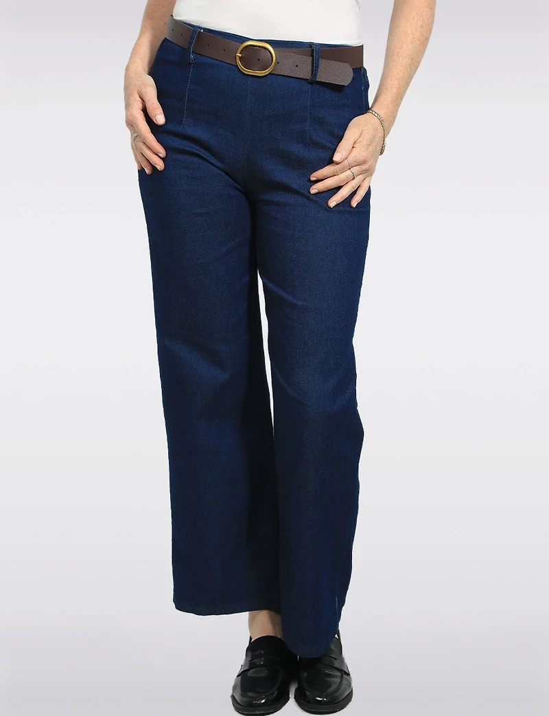 Pantalon Denim Extensible Foncé Coupe Droite Ceinture Faux Cuir par Froccella