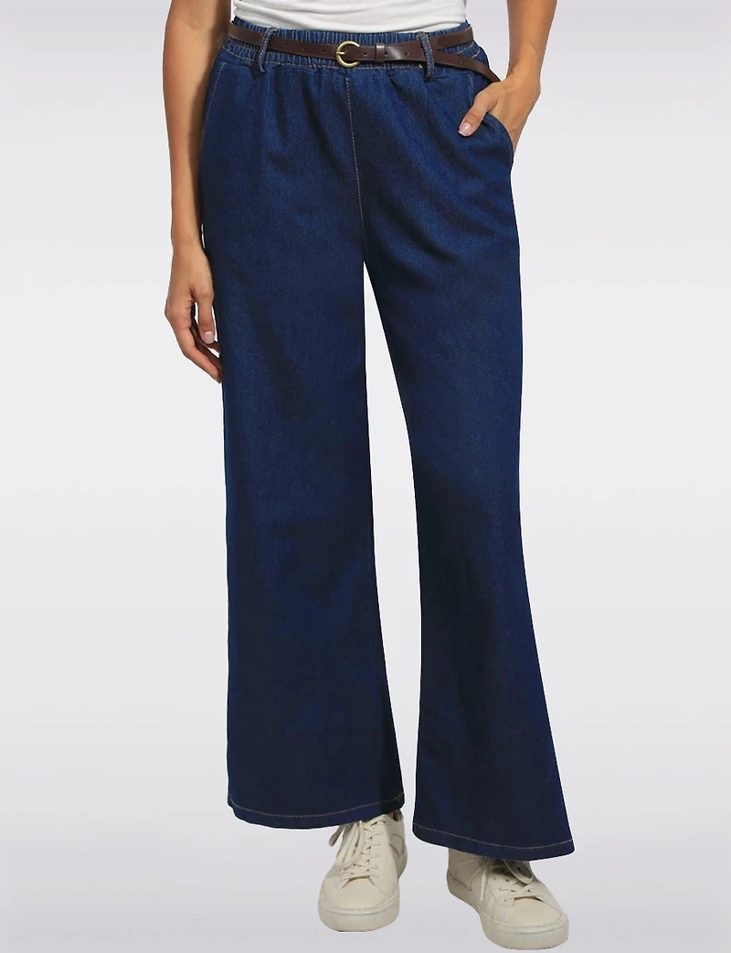 Froccella Jean Foncé Extensible Coupe Décontractée à Jambe Large avec Ceinture