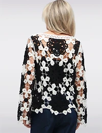 Haut Délicat en Crochet à Fleurs N&B Manches Longues Évasés par Point Zero