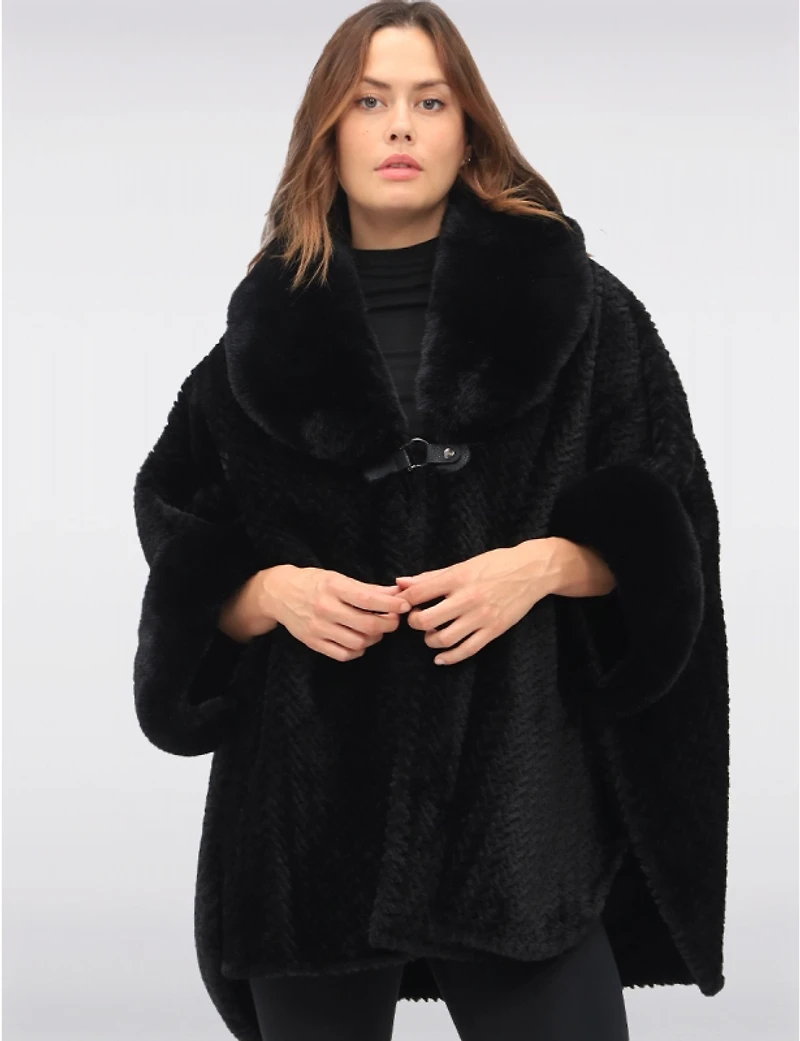 Manteaux Manteaux | La maison du manteau au Québec Cape Noire Ouverte Douce avec Bordure en Fausse Fourrure & Motif Animal Texturé