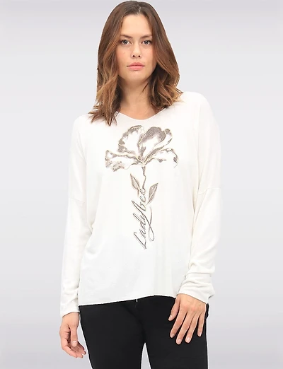 Manteaux | La maison du manteau au Québec Haut en Maille à Manches Longues Col V avec Motif Floral et Strass par Froccella