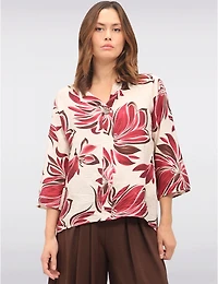 Haut à Fleurs avec Encolure Fendue Manches 3/4 et Détail Bouton par Froccella