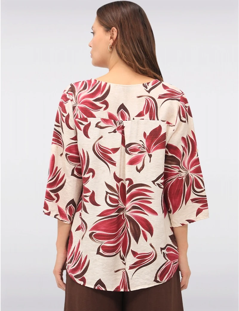Haut à Fleurs avec Encolure Fendue Manches 3/4 et Détail Bouton par Froccella