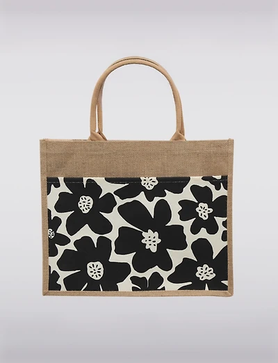 Sac en Jute Durable et Déperlant avec Motif Floral et Poche Extérieure
