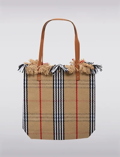 Sac Rayé Polyvalent avec Poignées en Simili-cuir Franges & Fermeture à Pression