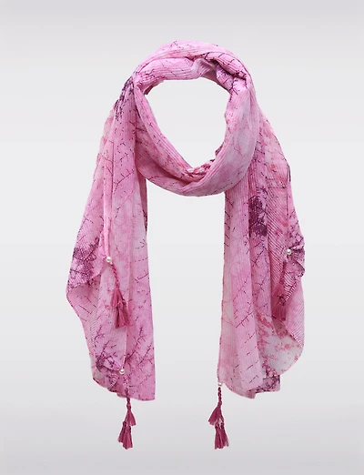 Foulard Plissé Imprimé Léger et Polyvalent avec Détails de Pompons Perlés