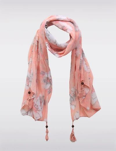 Foulard Style Bohème Chic Rose Plissé avec Pompons Perlés Décoratifs