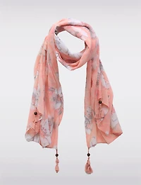 Foulard Style Bohème Chic Rose Plissé avec Pompons Perlés Décoratifs