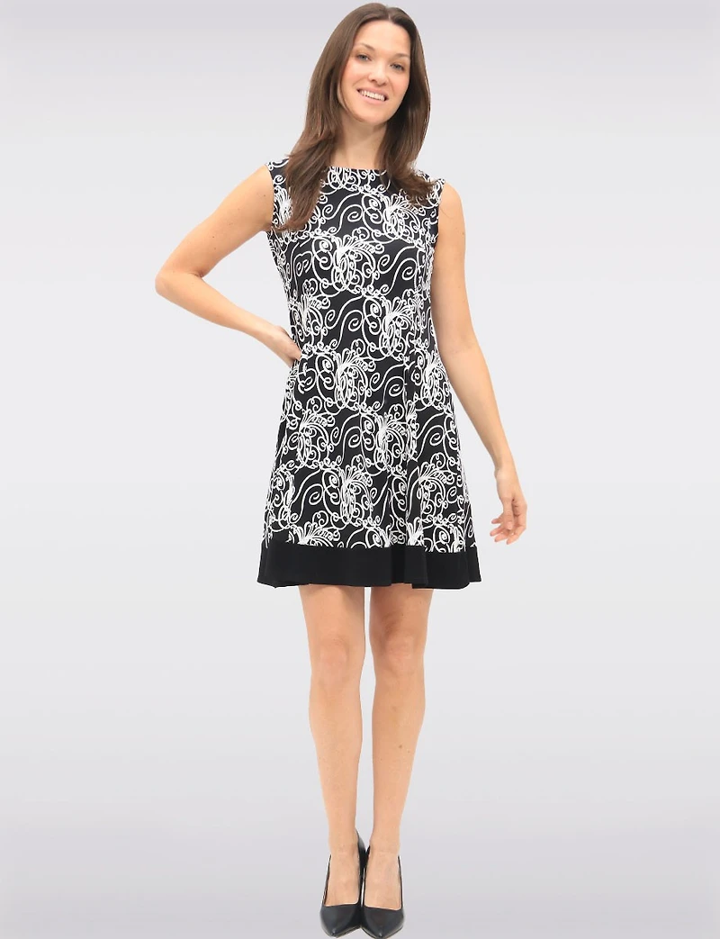 Robe Sans Manches à Imprimé Abstrait Noir & Blanc & Ourlet Contrastant par Vamp