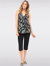 Blouse Chic Sans Manches Effet Lin à Motif Feuilles Col V et Pli Devant par Vamp