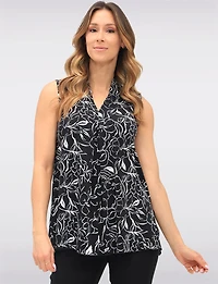 Blouse Sans Manches N/B à Motif Floral Abstrait Col V et Pli Devant par Vamp