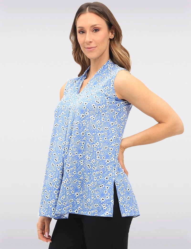 Blouse Sans Manches Florale Extensible avec Plis Devant Fentes & Col V par Vamp