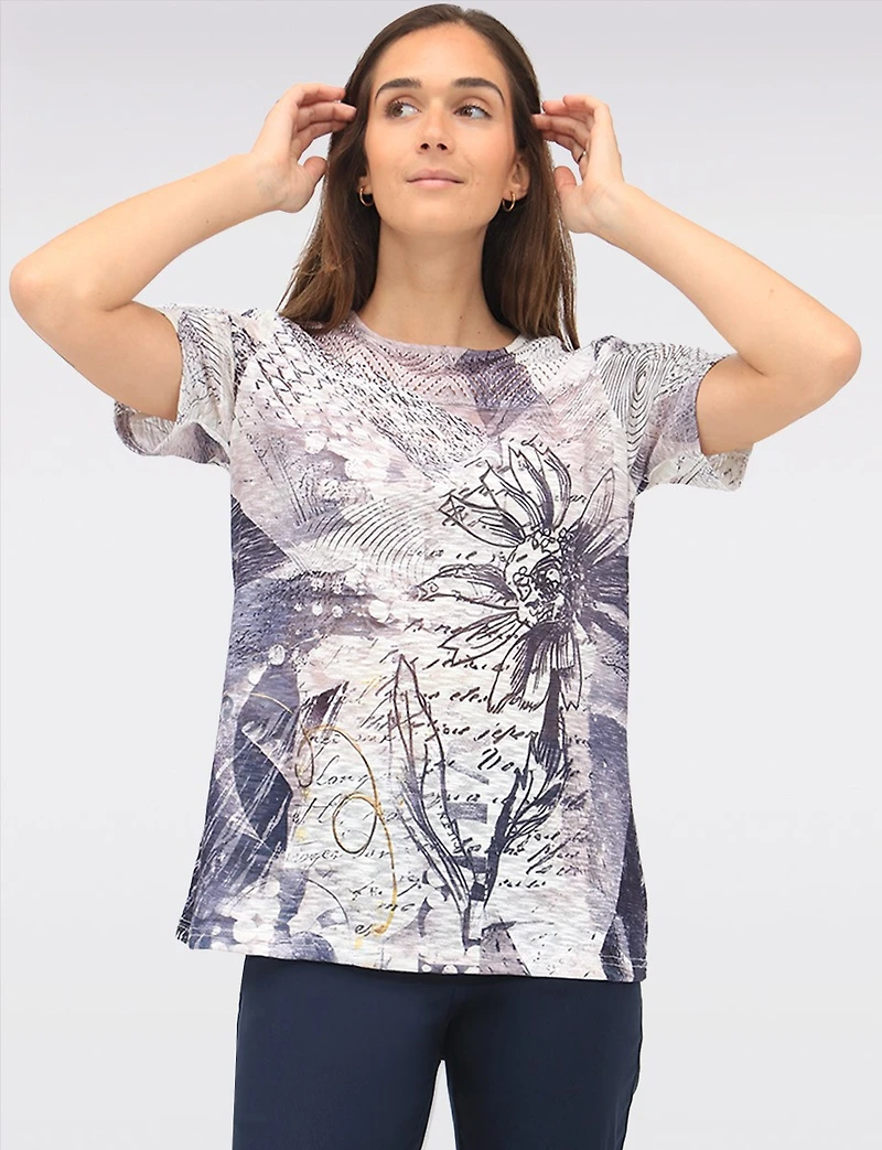 Haut Tricoté Manches Courtes Imprimé à Bordure en Dentelle par Today’s Designers