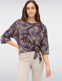 Haut Extensible à Imprimé Feuilles Tropicales Col Rond Manche 3/4 & Nœud par GWV