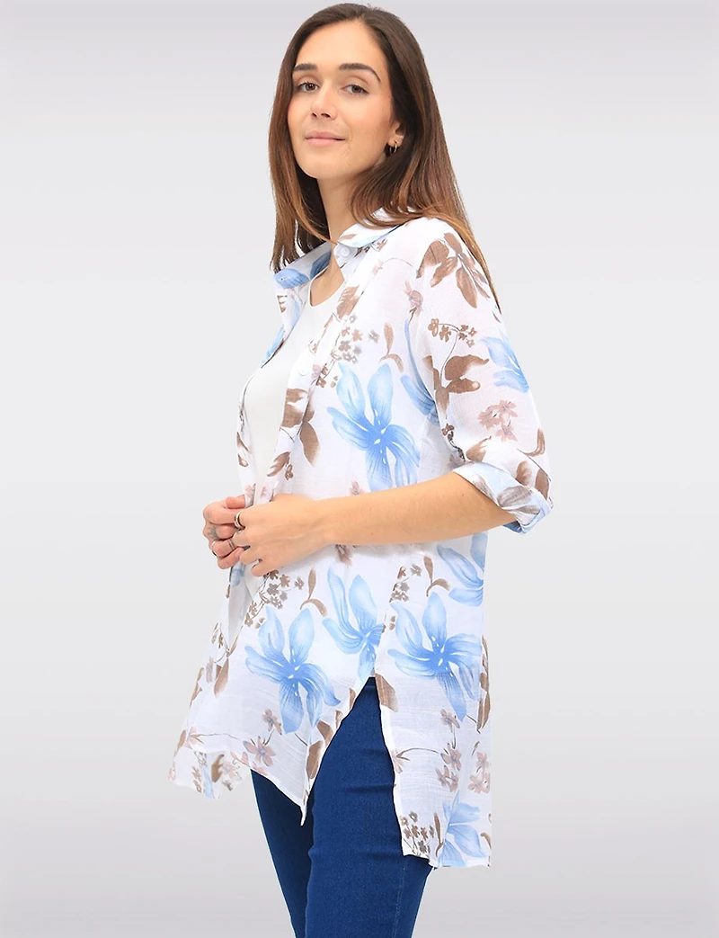 Blouse Fluide Boutonnée à Fleurs avec Manches 3/4 et Fentes Latérales Par Goa