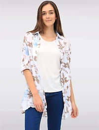Blouse Fluide Boutonnée à Fleurs avec Manches 3/4 et Fentes Latérales Par Goa