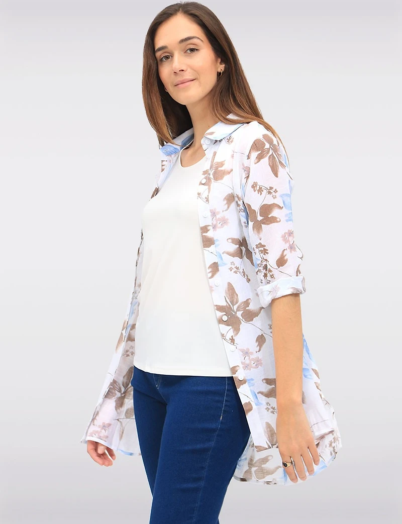 Blouse Fluide Boutonnée à Fleurs avec Manches 3/4 et Fentes Latérales Par Goa