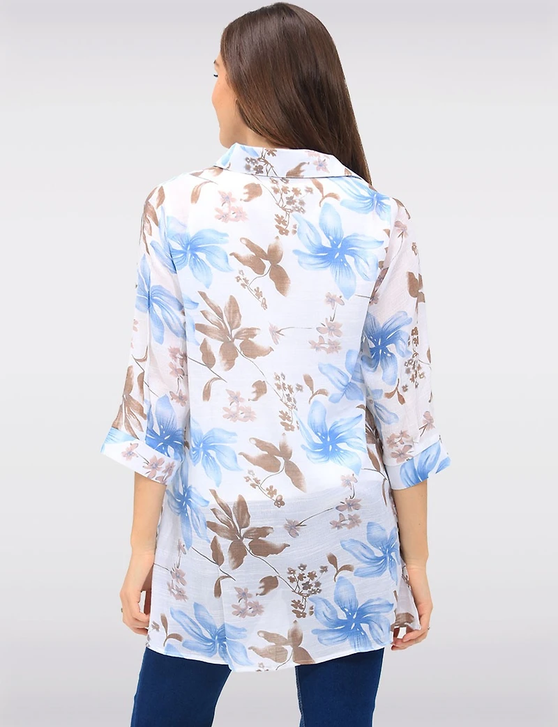 Blouse Fluide Boutonnée à Fleurs avec Manches 3/4 et Fentes Latérales Par Goa