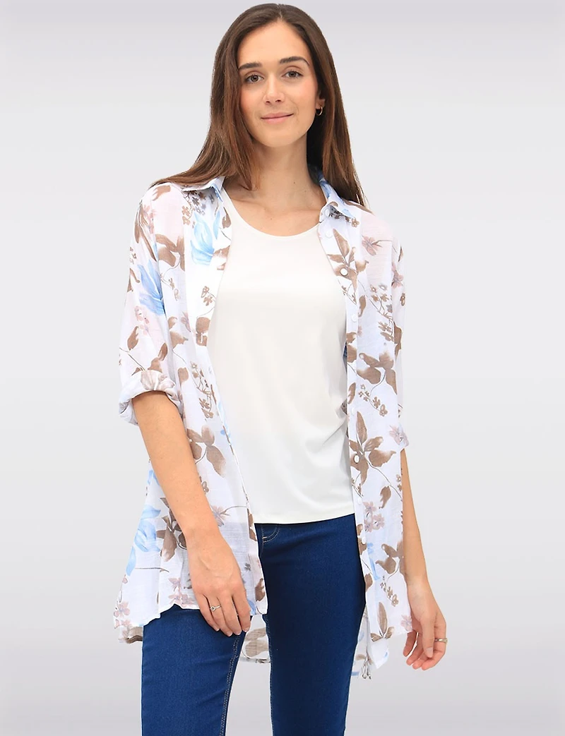 Blouse Fluide Boutonnée à Fleurs avec Manches 3/4 et Fentes Latérales Par Goa