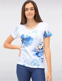 Haut À Manches Courtes Imprimé Floral Col Rond Découpé Par Moffi International