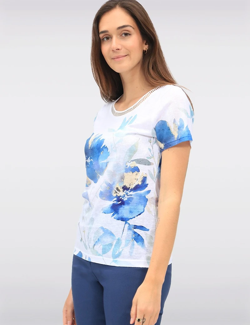 Haut À Manches Courtes Imprimé Floral Col Rond Découpé Par Moffi International