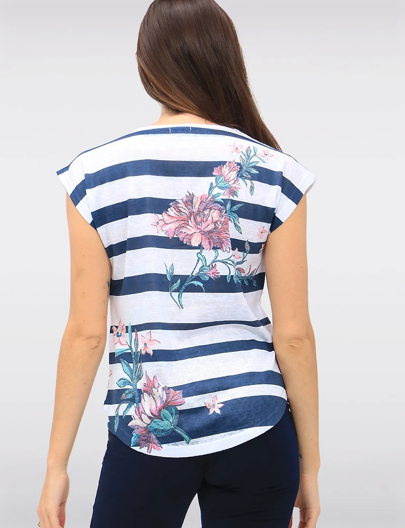 Haut à Rayures et Imprimé Floral avec Manches Cap par Moffi International