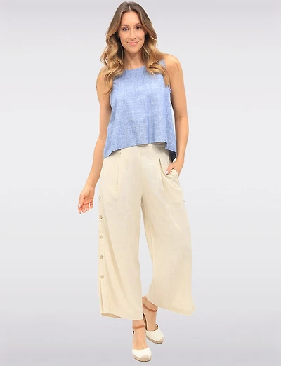 Pantalon Large en Mélange de Lin à Boutons & Plis Frontaux par Julia Paradis