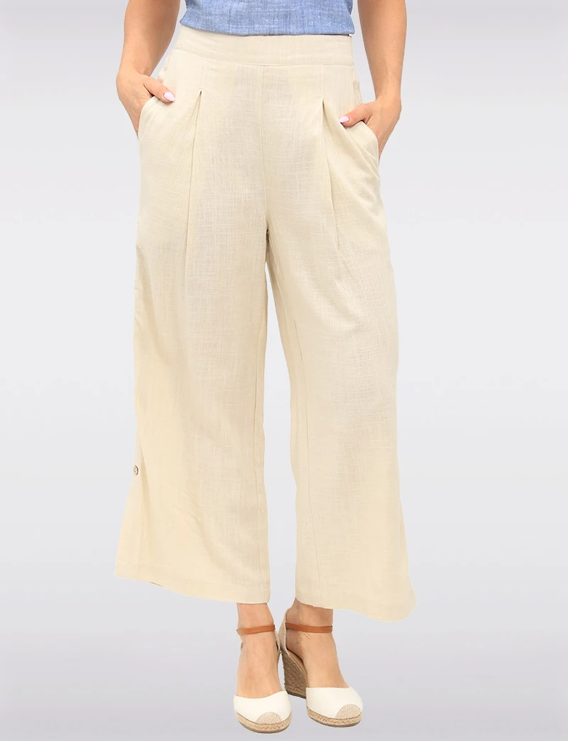 Pantalon Large en Mélange de Lin à Boutons & Plis Frontaux par Julia Paradis