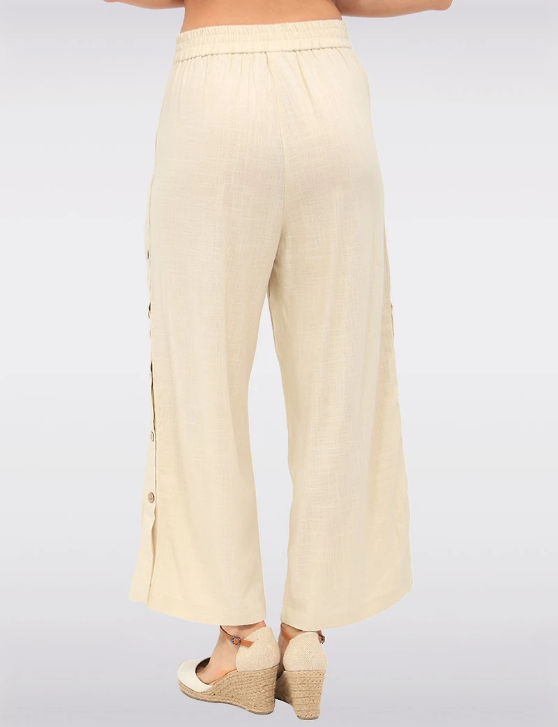 Pantalon Large en Mélange de Lin à Boutons & Plis Frontaux par Julia Paradis
