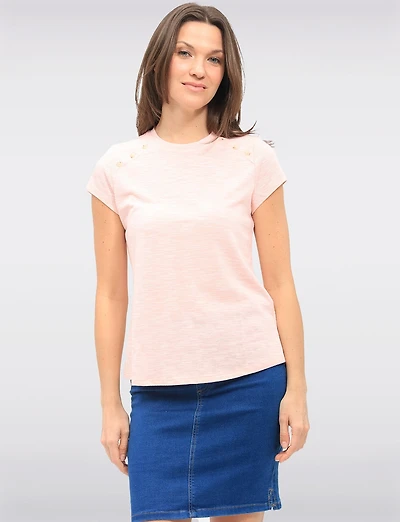 Haut Rayé à Manches Courtes en Mélange de Coton avec Détails Boutons par GWV