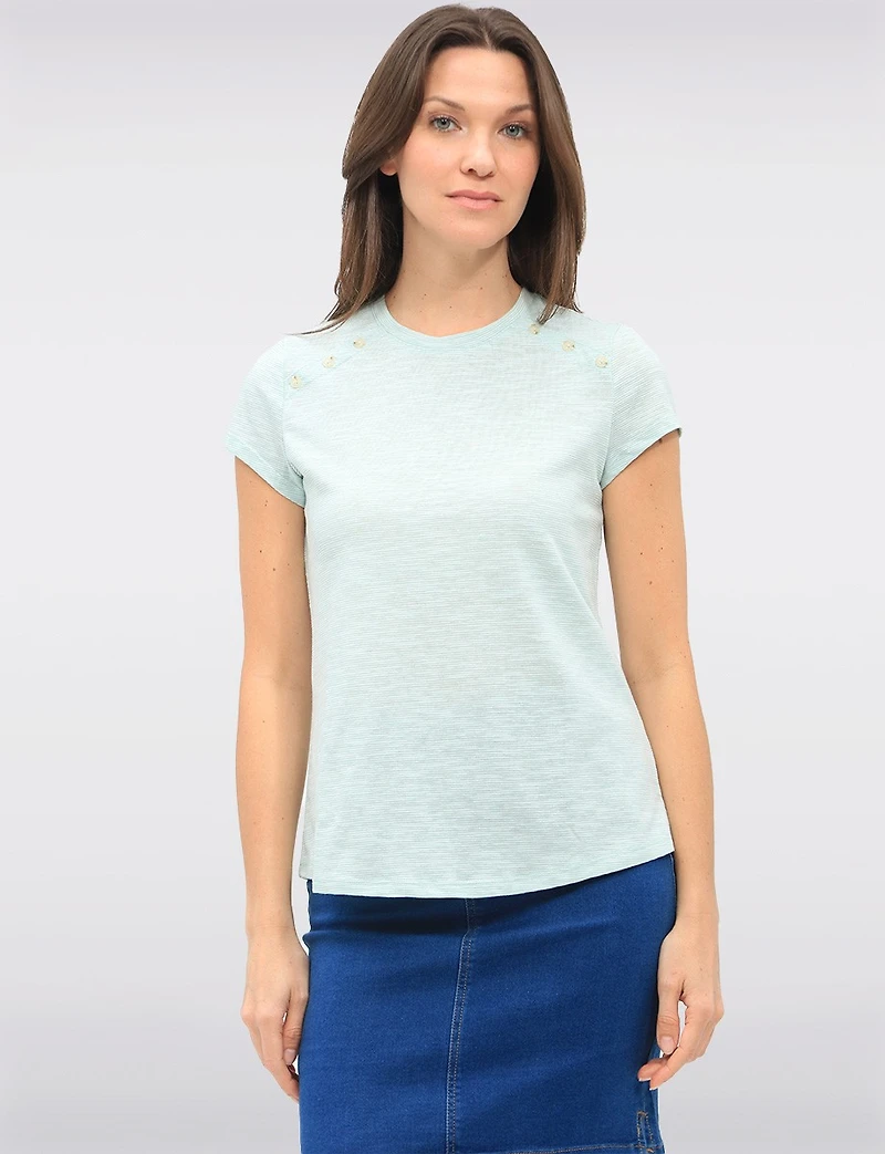 Haut Rayé à Manches Courtes en Mélange de Coton avec Détails Boutons par GWV